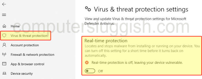 Windows Security showing real-time protection turned off.