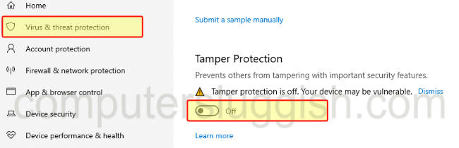 Windows Security tamper protection option turned off.