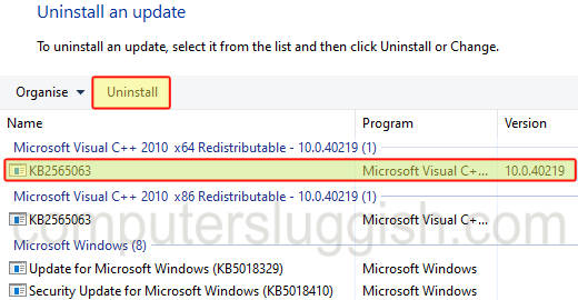 Windows showing list of updates that are installed that can be uninstalled.