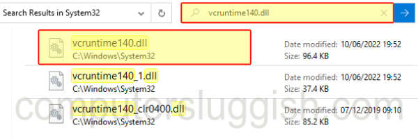 Windows File Explorer showing vcruntime140.dll file.