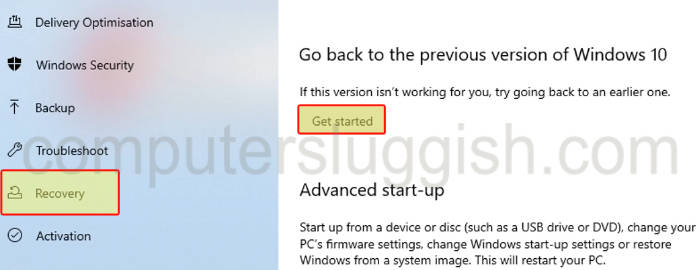 Windows 10 Settings Recovery options showing go back to previous version of Windows 10.