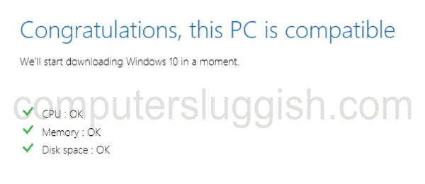 Windows 10 Update Assistant confirming PC is compatible with the lastest feature update.