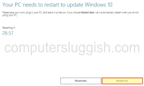 Windows 10 Update Assistant showing Restart now button.