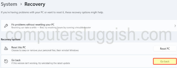 Windows 11 Settings Recovery options showing go back to previous version of Windows 11.
