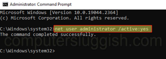 Windows Command Prompt with the "net user administrator /active:yes" command entered.