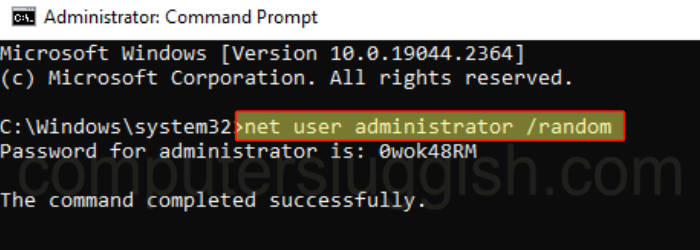 Command Prompt command changing the administrator password to something random with the "net user administrator /random" command.
