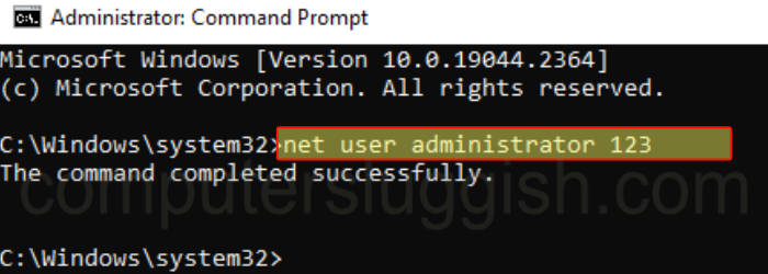 Command Prompt command changing the administrator password with "net user administrator password" command.