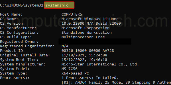 Command Prompt showing the systeminfo command.