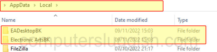 File Explorer showing EADesktop folder and Electronic Arts folder both renamed.