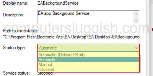 Windows Services showing the EABackgroundService startup type and context menu to change it to Automatic.