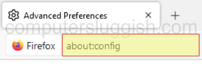 Firefox website address bar showing about:config