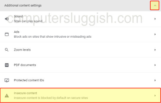 Selecting Insecure Content under Additional Content Settings in Chrome.