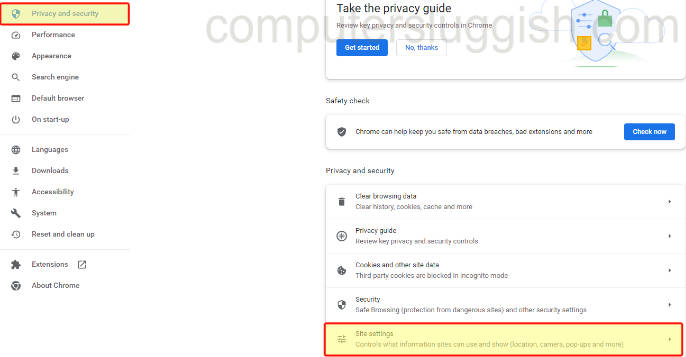Selecting Site Settings in Chrome Privacy & Security settings.