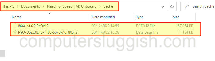 File Explorer showing the Need For Speed Unbound cache folder.