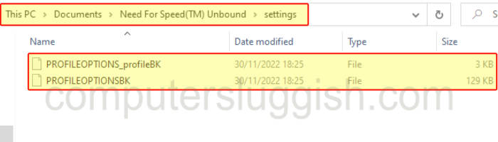 File Explorer showing the Need For Speed Unbound settings folder.