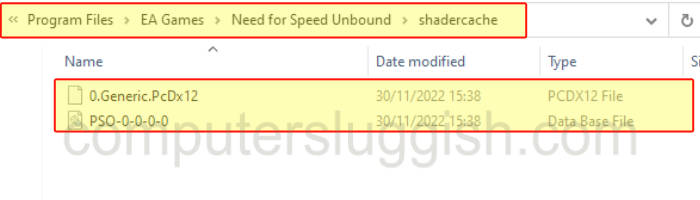 File Explorer showing the Need For Speed Unbound shader cache folder.