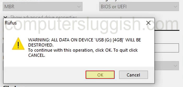 Rufus All data on USB will be destroyed warning.