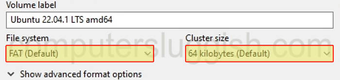 Rufus File system and cluster size setting.
