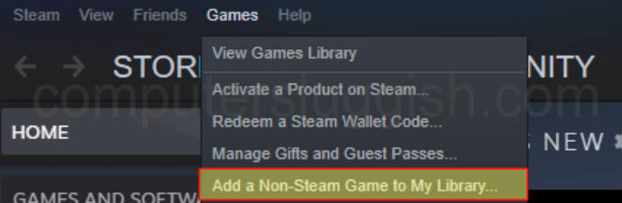 Steam menu with "add non steam game to library" selected.