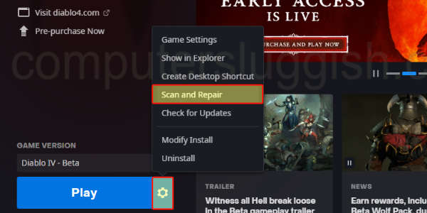 Battle.net scan and repair Diablo 4 context menu.