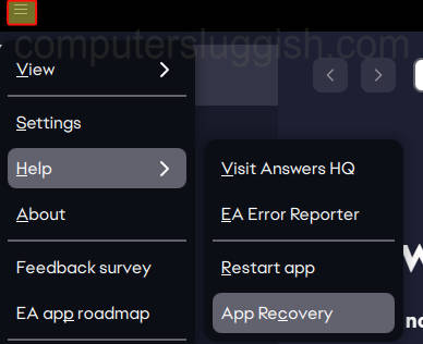 EA app menu with Help and App Recovery selected to clear the cache.