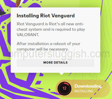 Riot Client showing a message saying that it's installing Riot Vanguard.