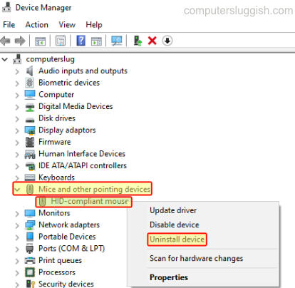 Windows 11 Device Manager showing Mice and other pointing devices exapanded showing Mouse context menu with Uninstall device option.