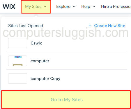 Selecting "My Sites" in Wix.com.