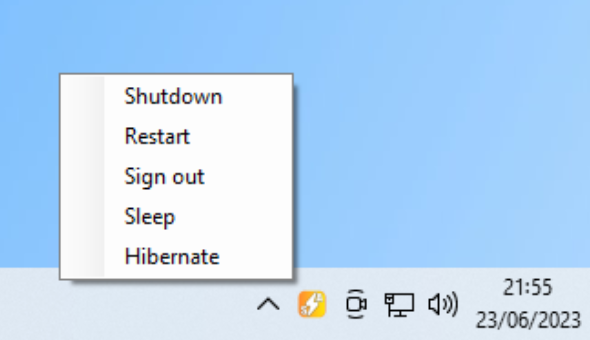 screenshot of aceshutdown icon in the system tray with instant power options. 