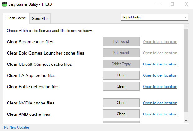 Screenshot of Easy Gamer Utility Clean cache tab.