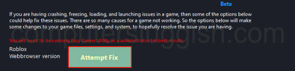 Screenshot of Easy Gamer Utility showing a button to fix Roblox.