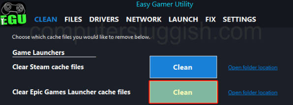 Screenshot of the Clean button for Epic Games Launcher cache files in Easy Gamer Utility.