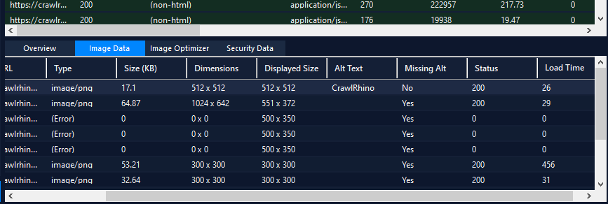CrawlRhino SEO Crawler Image Data Tab