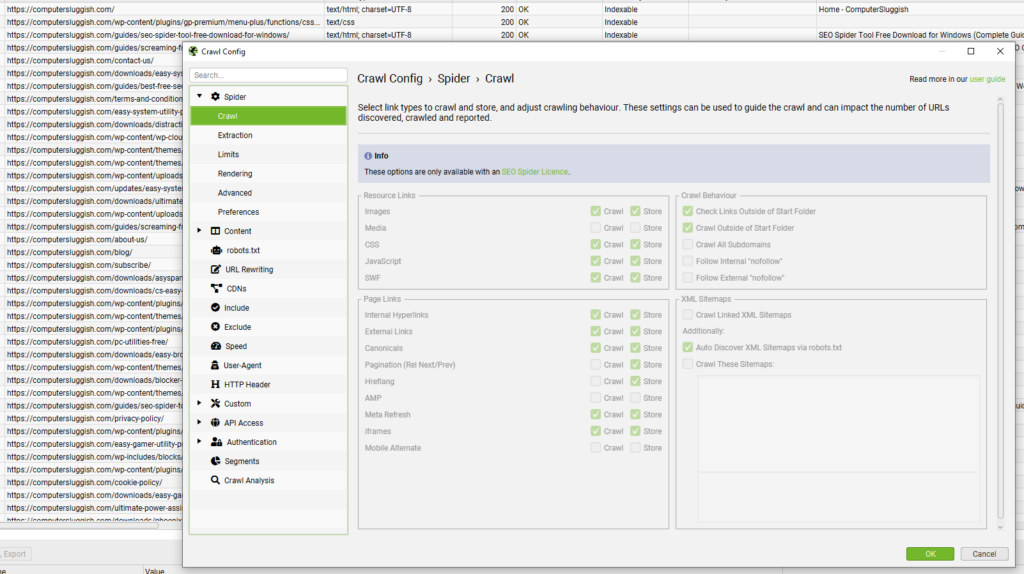 Crawl behaviour controls available only with a Screaming Frog licence.