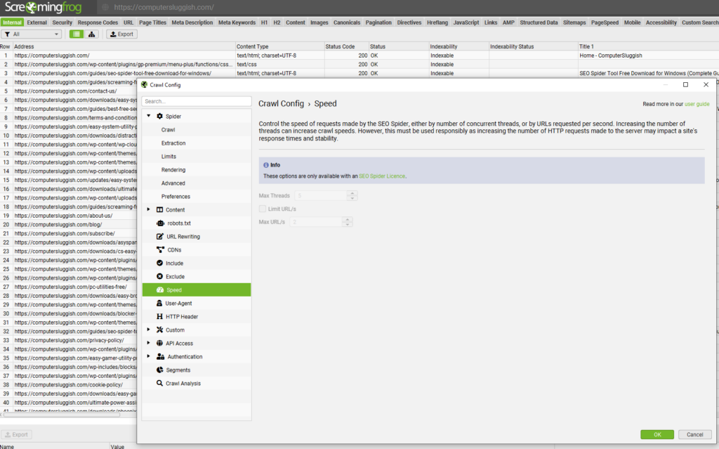 Crawl configuration speed settings visible but limited in the free version.
