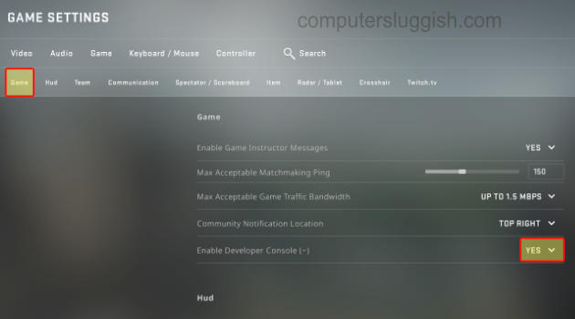 Enabling Developer Console in CSGO game settings.