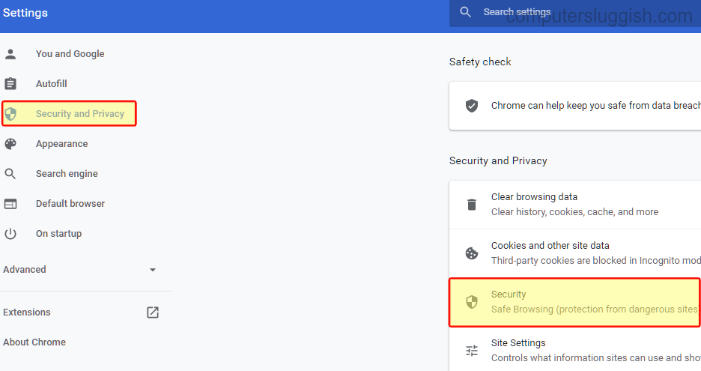 Chrome Settings showing Security and Privacy options.