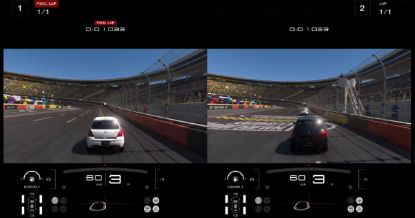 Split screen multiplayer in GT7 is terribly disappointing. P2 is stuck with  full assists, can't make the split horizontal so you're stuck racing on a  tiny square, limited car selection, no custom