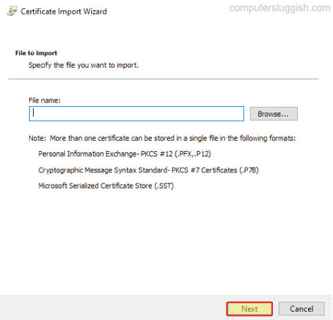 Certificate import wizard browse for certificate window.