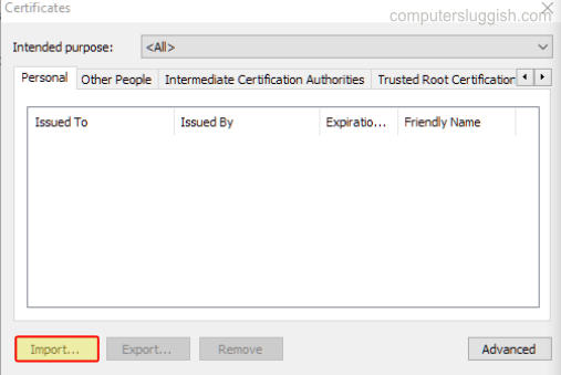 Chrome Settings certificates window showing import option.