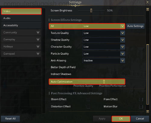 Settings Lost Ark graphics settings to low in the game settings