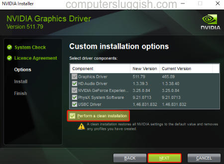 NVIDIA setup window showing clean install option.