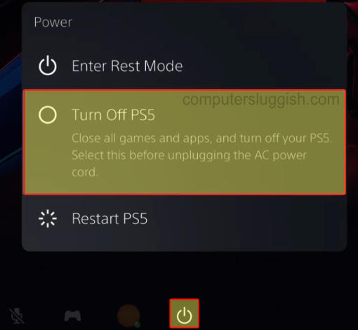 PS5 controller power context menu showing Turn Off PS5 option.