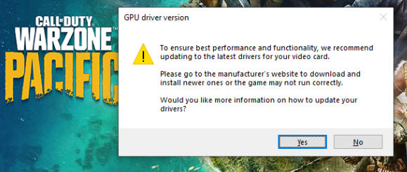 Warzone error message saying GPU driver version we recommend updating to the latest drivers for your video card.