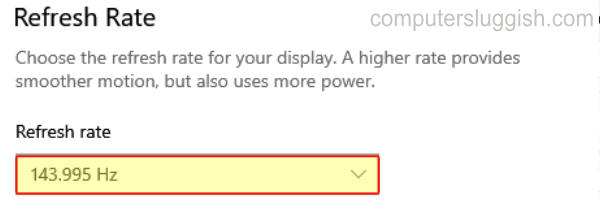 Windows 10 Settings showing the refresh rate dropdown menu option to be able to change the refresh rate.