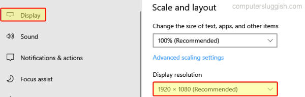 Windows 10 display settings resolution set at 1920 x 1080