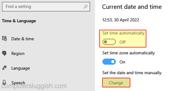 Turning off auto set time in Windows