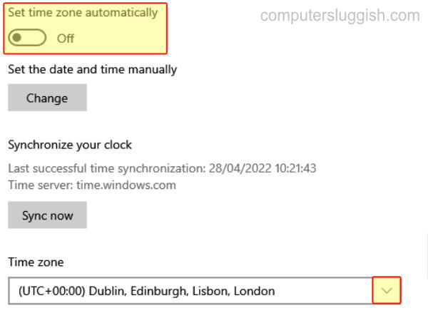 Turning off auto set time zone in Windows