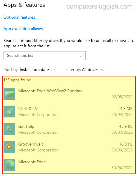 Windows 10 list of software and apps in Apps and Features in Windows 10 Settings.