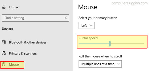 Windows 10 Settings showing Mouse Cursor speed option.